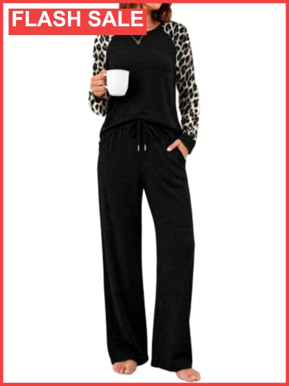 Soft Polyester Blend 2-Piece Pajama Set Crewneck Wide Leg Lounge